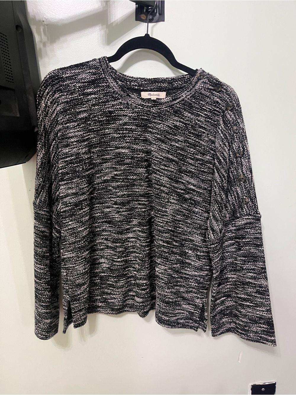 Madewell Black and White Marled Button-Shoulder Sweater